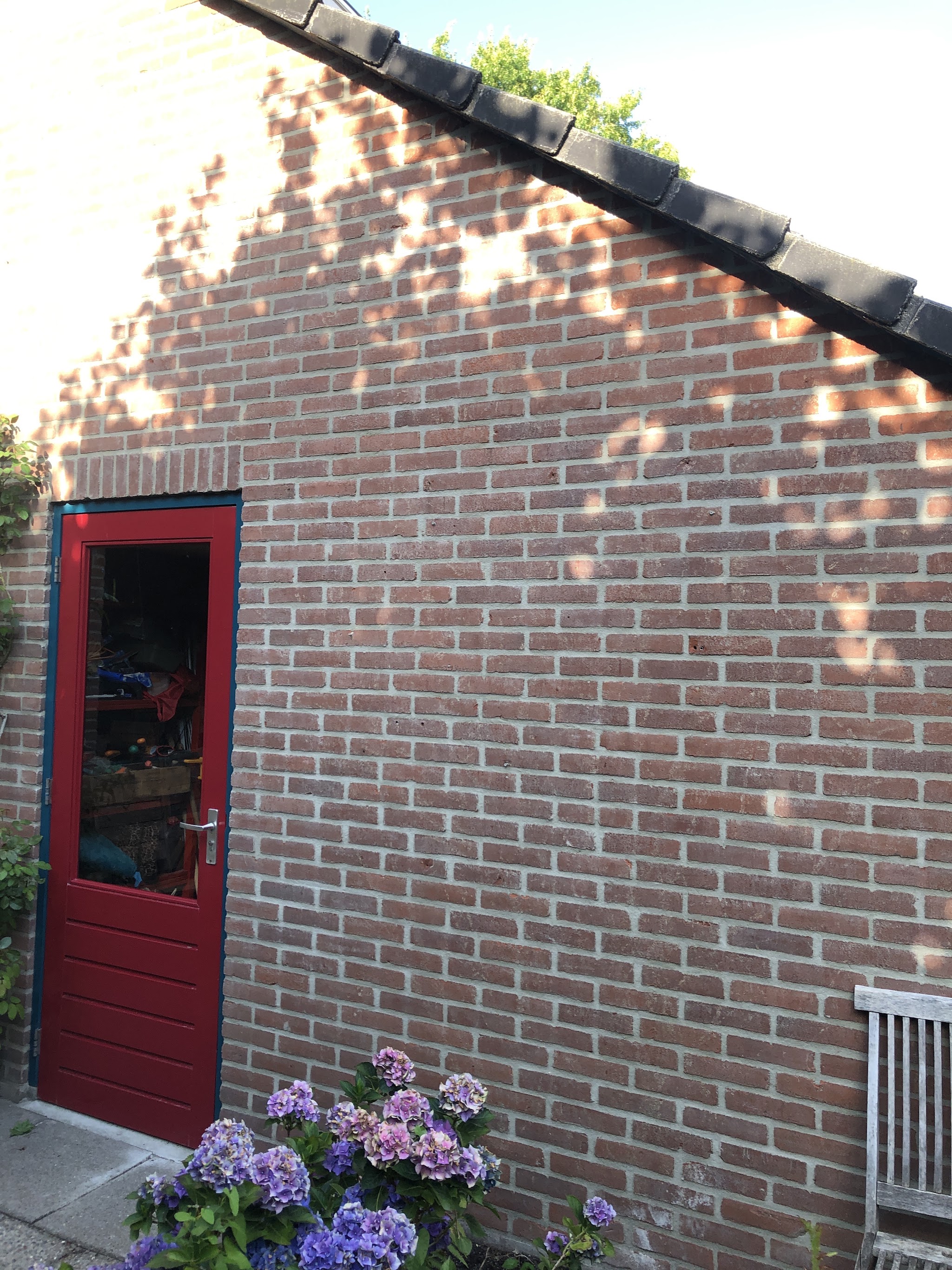 Een pas gevoegde gevel van rode baksteen met een rode deur en hortensia's ervoor